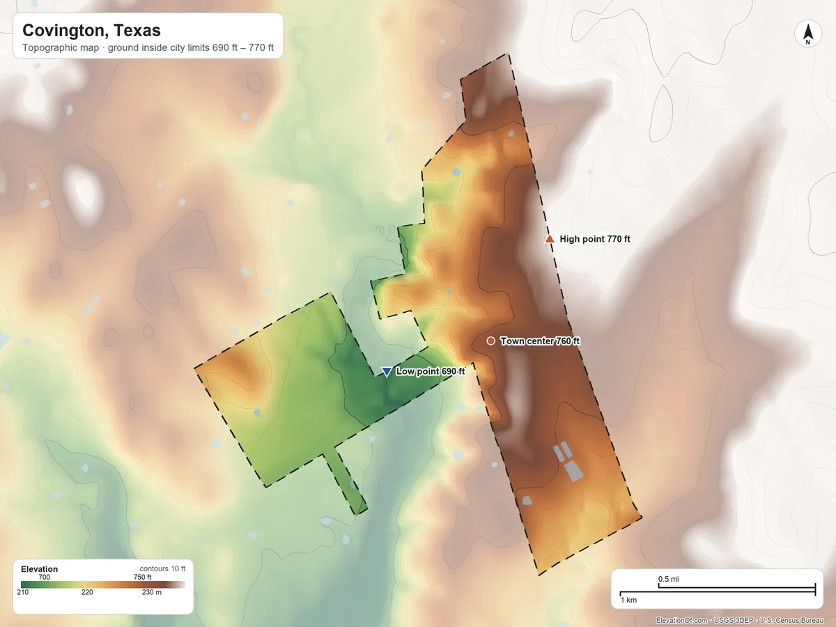 Topographic elevation map of Covington, Texas, shaded from 690 ft on the west side to 770 ft on the northeast side