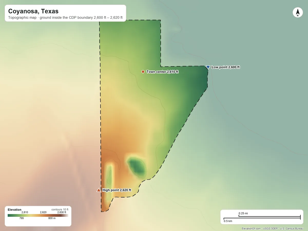 Topographic elevation map of Coyanosa, Texas, shaded from 2,600 ft on the east side to 2,620 ft on the south side