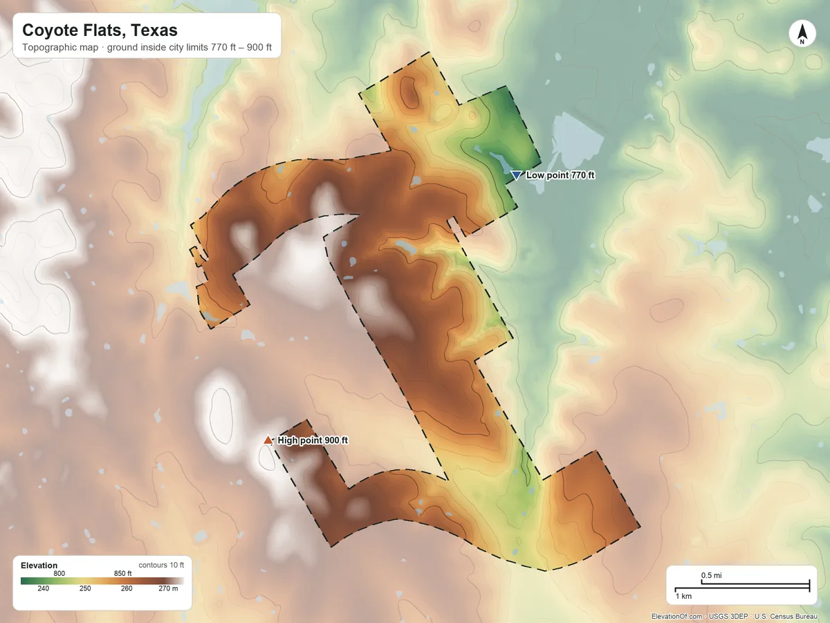 Topographic elevation map of Coyote Flats, Texas, shaded from 770 ft on the northeast side to 900 ft on the southwest side