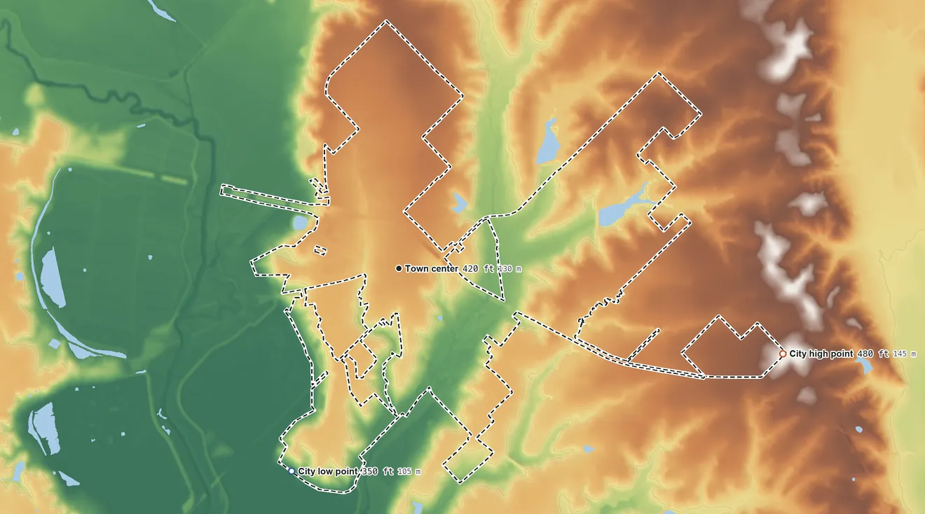 Topographic elevation map of Crandall, Texas, shaded from 350 ft on the southwest side to 480 ft on the east side