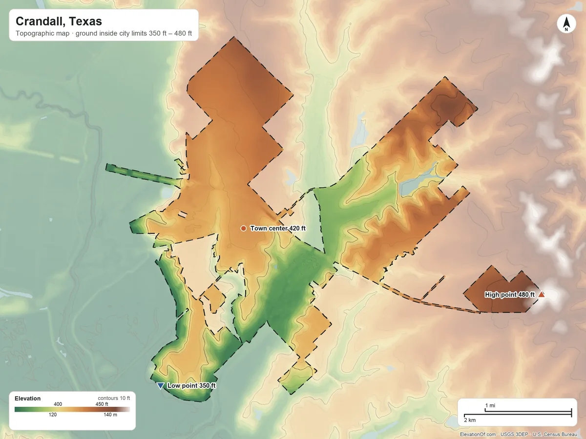 Topographic elevation map of Crandall, Texas, shaded from 350 ft on the southwest side to 480 ft on the east side