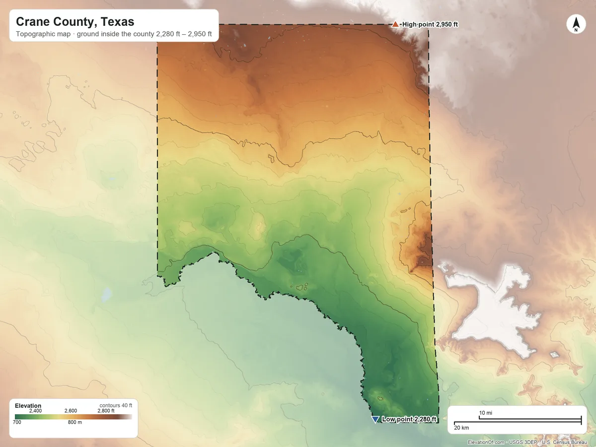 Topographic elevation map of Crane County, Texas, shaded from 2,280 ft on the south side to 2,950 ft on the northeast side