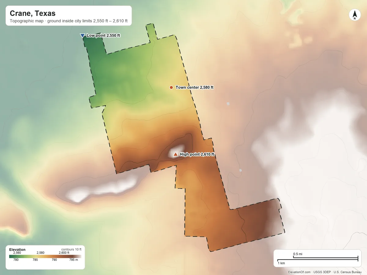 Topographic elevation map of Crane, Texas, shaded from 2,550 ft on the northwest side to 2,610 ft on the south side