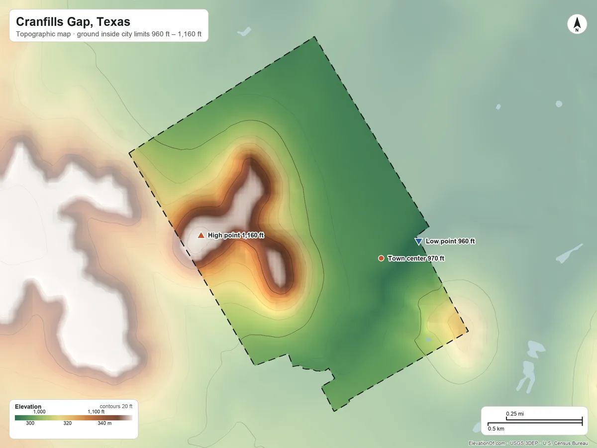 Topographic elevation map of Cranfills Gap, Texas, shaded from 960 ft near the middle to 1,160 ft on the west edge, below higher ground just outside