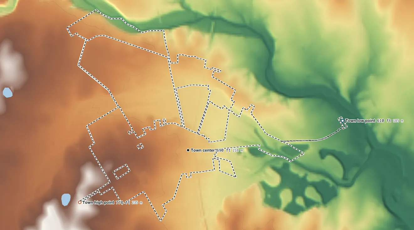 Topographic elevation map of Crawford, Texas, shaded from 610 ft on the east side to 770 ft on the southwest side