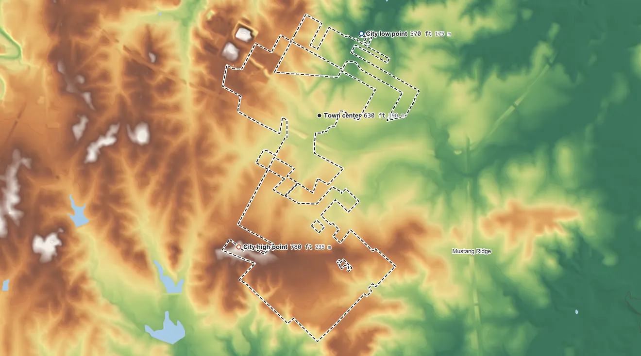 Topographic elevation map of Creedmoor, Texas, shaded from 570 ft on the northeast side to 780 ft on the southwest side