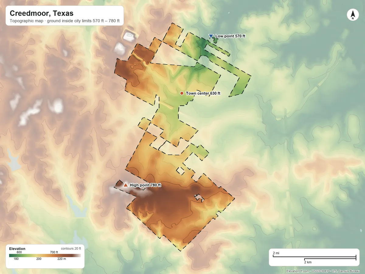 Topographic elevation map of Creedmoor, Texas, shaded from 570 ft on the northeast side to 780 ft on the southwest side