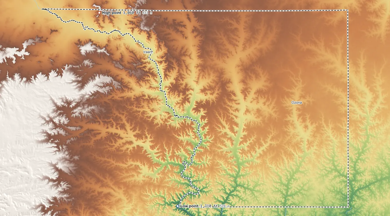 Topographic elevation map of Crockett County, Texas, shaded from 1,710 ft on the south side to 3,060 ft on Southwest Mesa