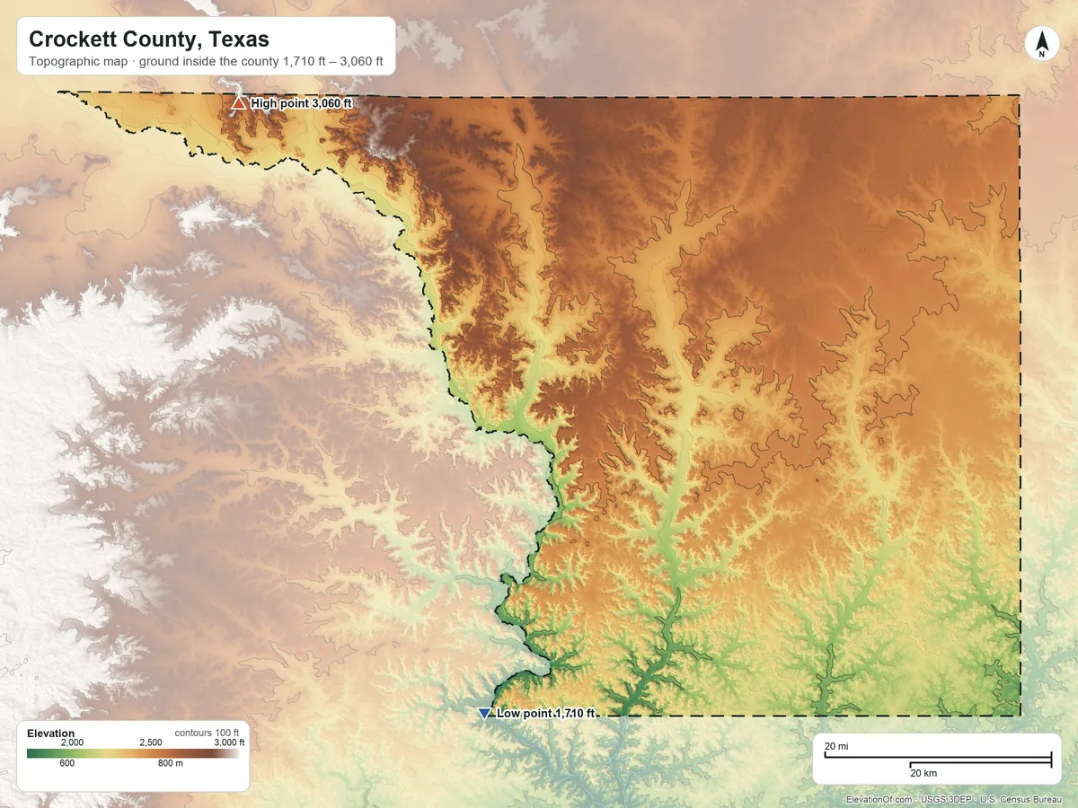 Topographic elevation map of Crockett County, Texas, shaded from 1,710 ft on the south side to 3,060 ft on Southwest Mesa