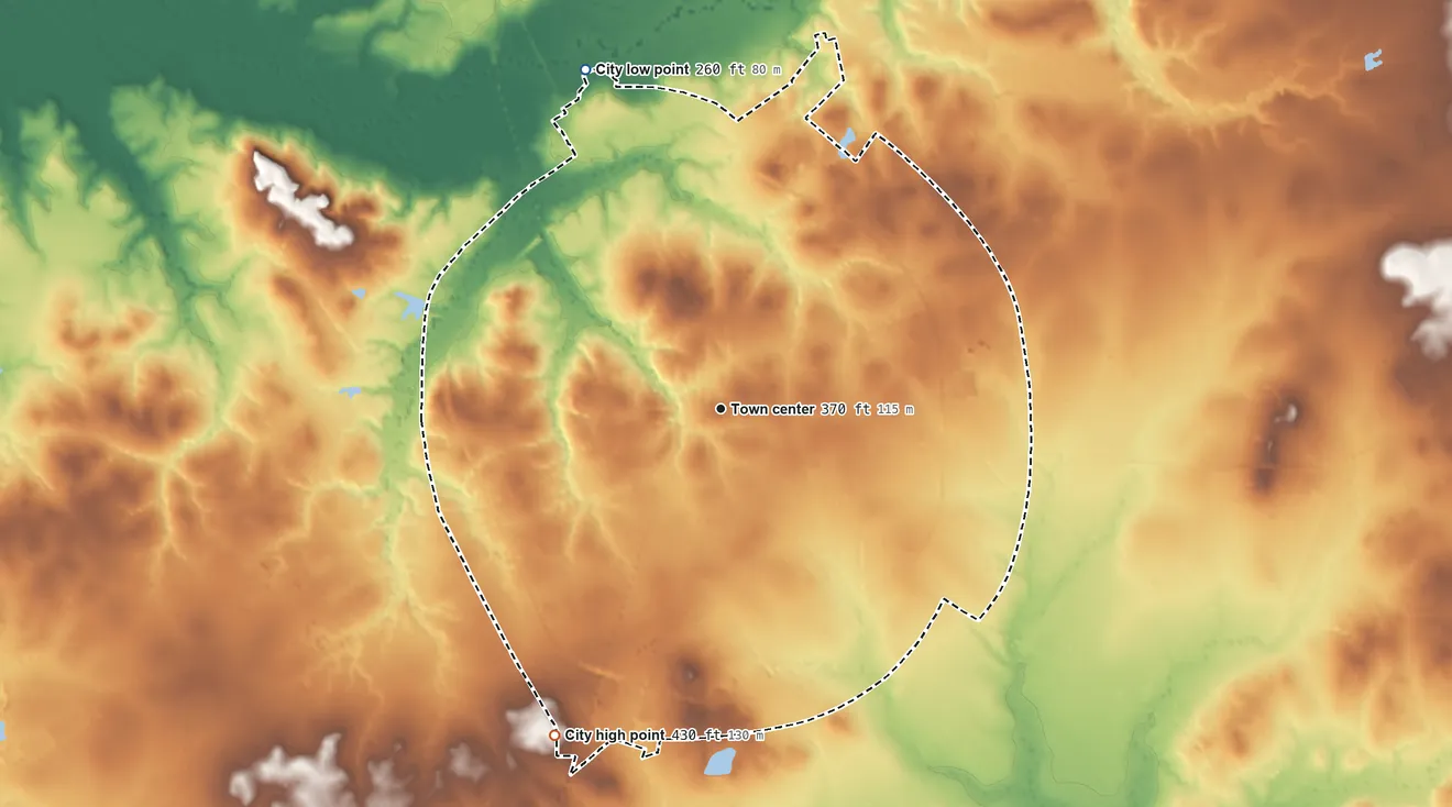 Topographic elevation map of Crockett, Texas, shaded from 260 ft on the north side to 430 ft on the southwest side