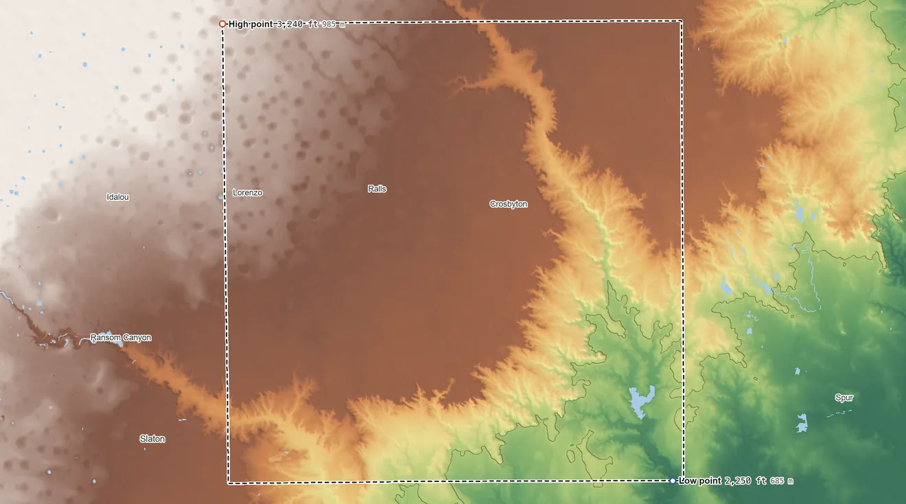 Topographic elevation map of Crosby County, Texas, shaded from 2,250 ft on the southeast side to 3,240 ft on the northwest side