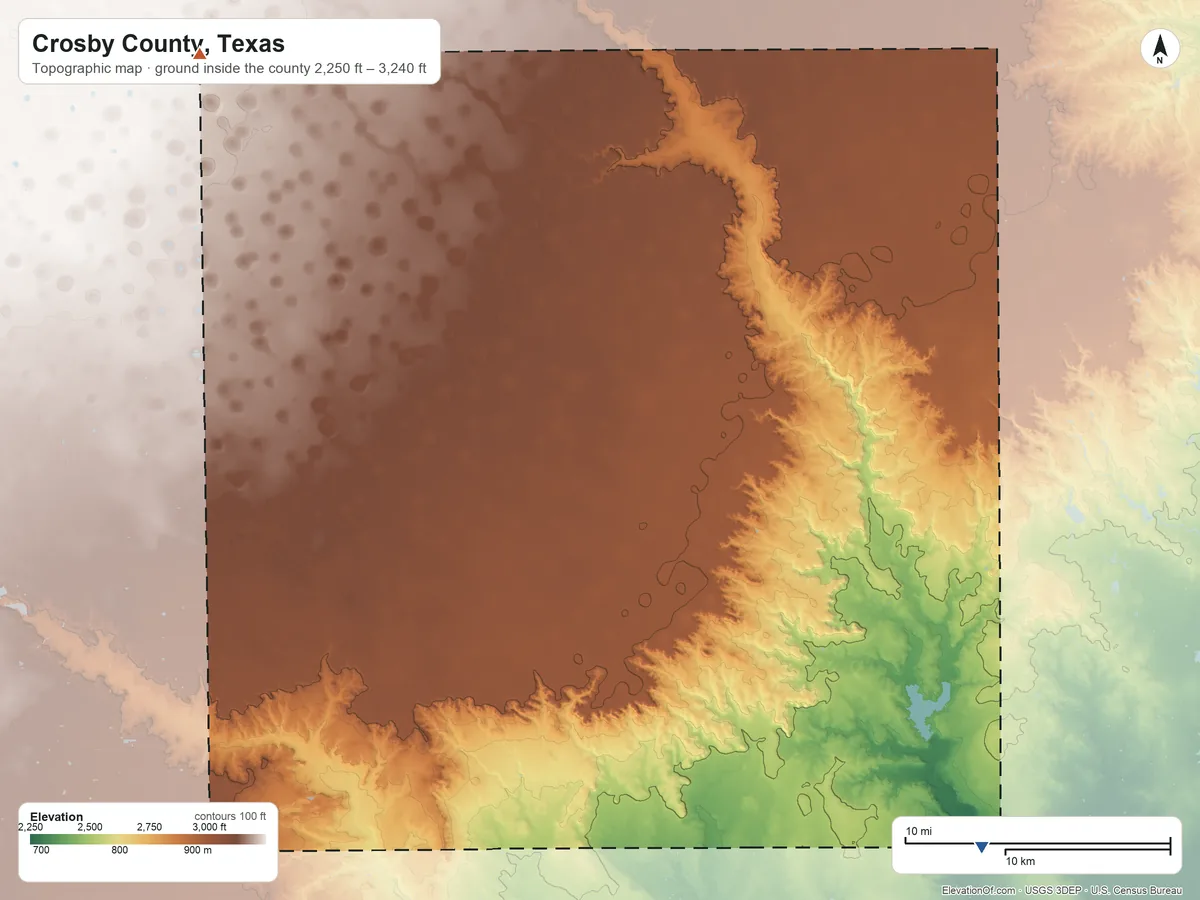 Topographic elevation map of Crosby County, Texas, shaded from 2,250 ft on the southeast side to 3,240 ft on the northwest side