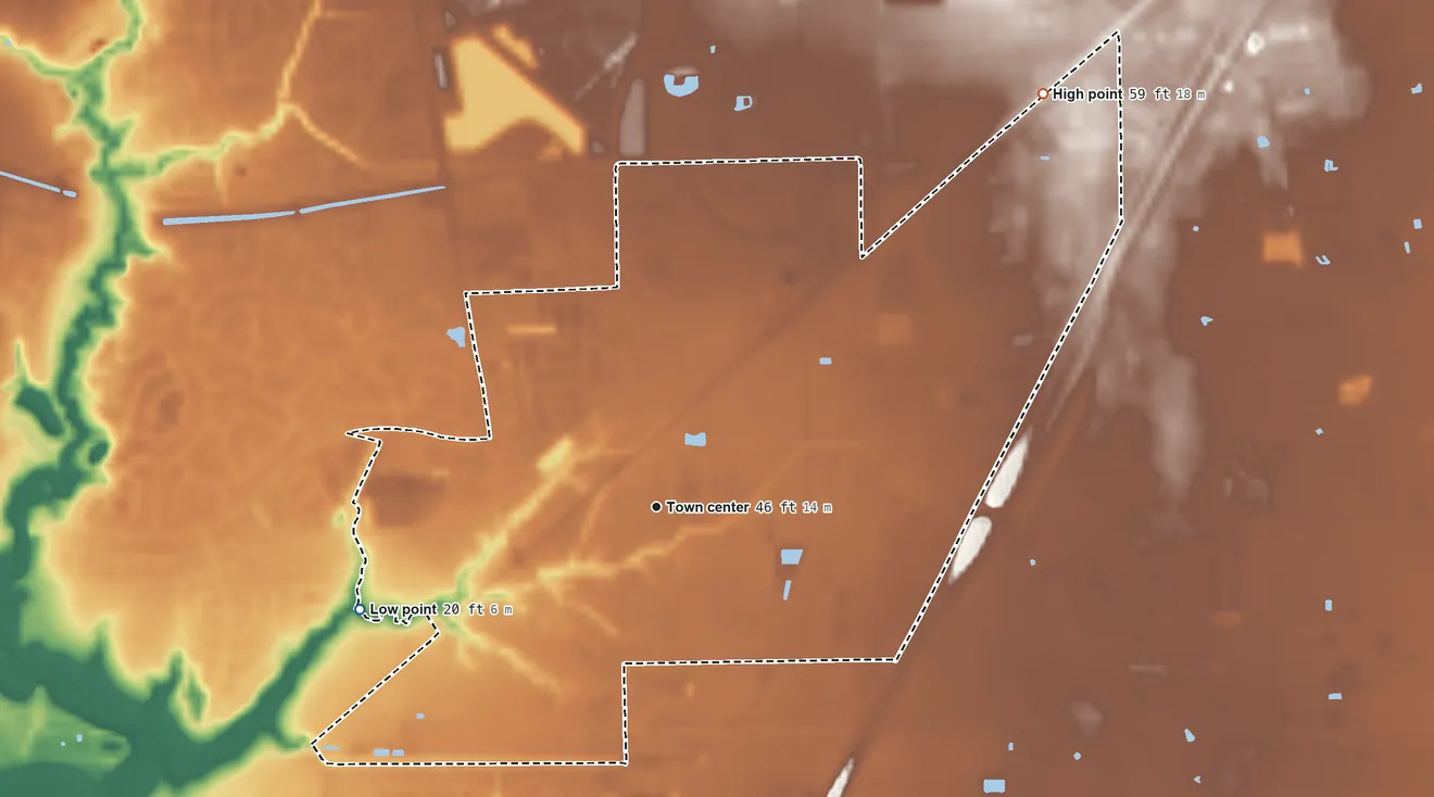 Topographic elevation map of Crosby, Texas, shaded from 20 ft on the west side to 59 ft on the northeast side