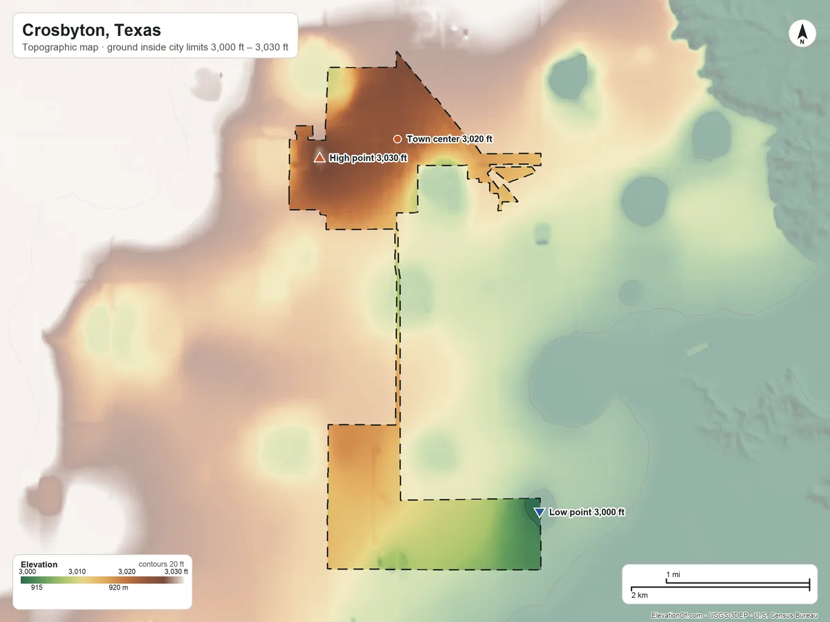 Topographic elevation map of Crosbyton, Texas, shaded from 3,000 ft on the south side to 3,030 ft on the west side