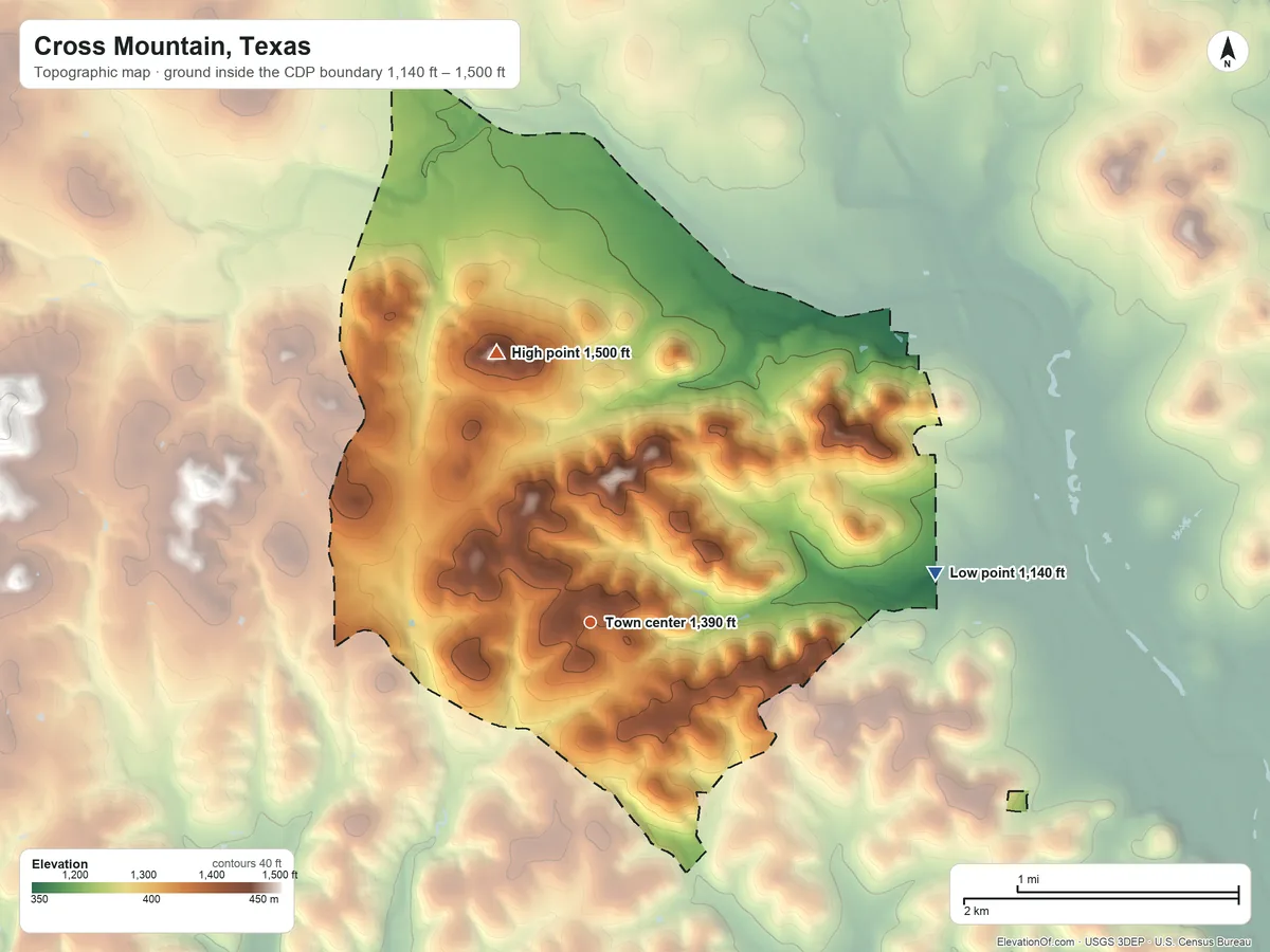 Topographic elevation map of Cross Mountain, Texas, shaded from 1,140 ft on the east side to 1,500 ft on Cross Mountain