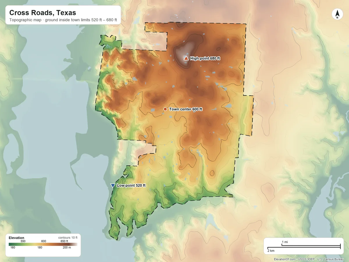 Topographic elevation map of Cross Roads, Texas, shaded from 520 ft on the southwest side to 680 ft on the north side