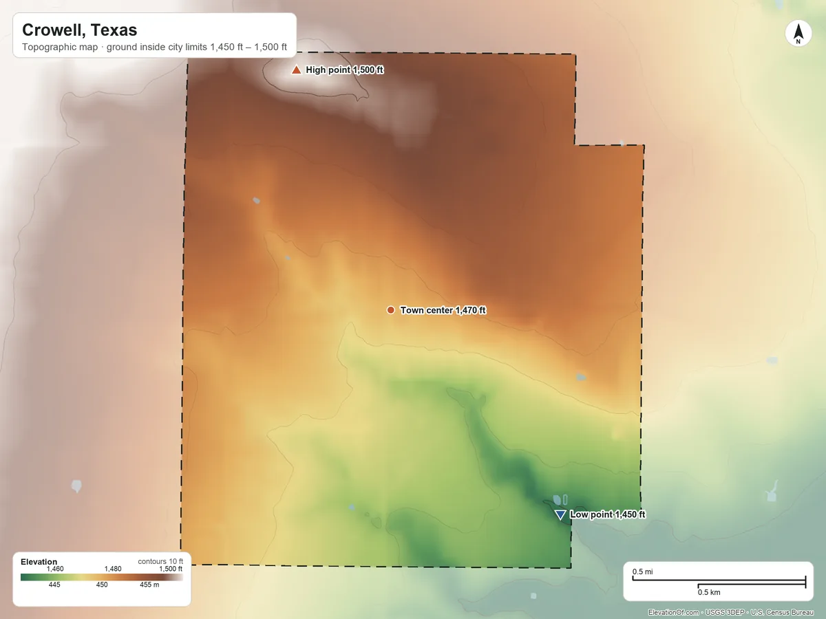 Topographic elevation map of Crowell, Texas, shaded from 1,450 ft on the southeast side to 1,500 ft on the north side
