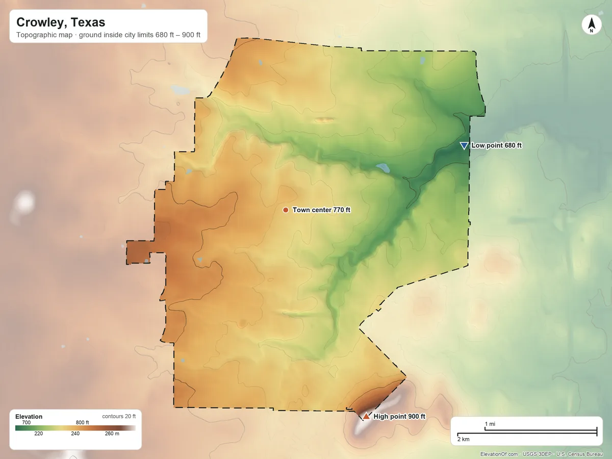 Topographic elevation map of Crowley, Texas, shaded from 680 ft on the east side to 900 ft on Brushy Mound