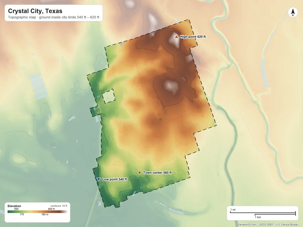Topographic elevation map of Crystal City, Texas, shaded from 540 ft on the west side to 620 ft on the north side