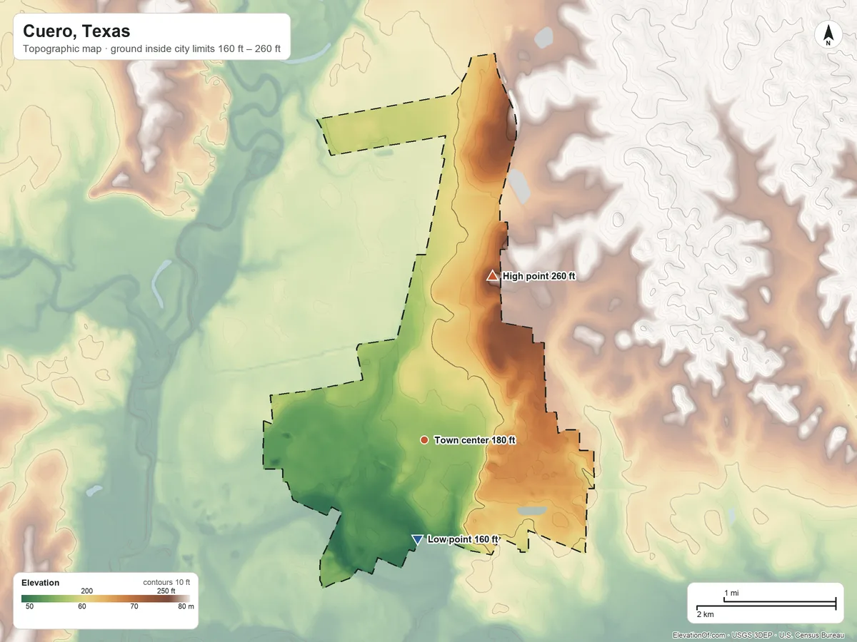 Topographic elevation map of Cuero, Texas, shaded from 160 ft on the south side to 260 ft on the northeast side