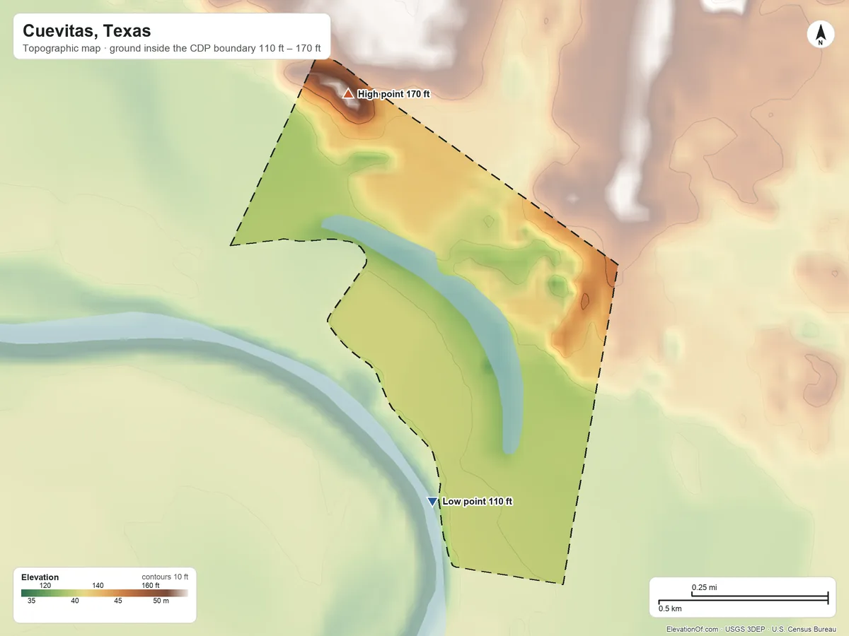 Topographic elevation map of Cuevitas, Texas, shaded from 110 ft on the south side to 170 ft on the northwest side