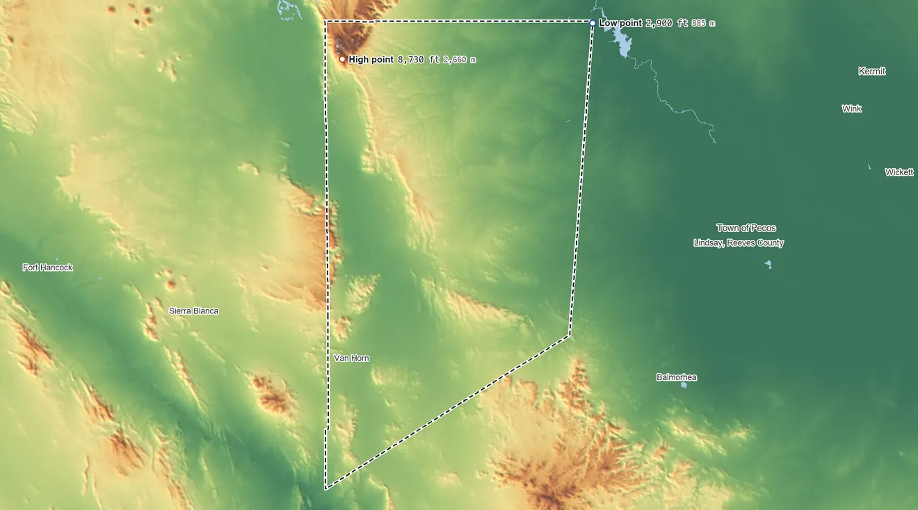 Topographic elevation map of Culberson County, Texas, shaded from 2,900 ft on the northeast side to 8,730 ft on Guadalupe Peak