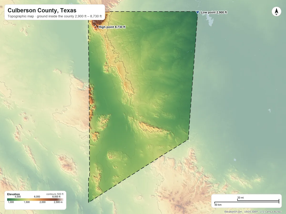 Topographic elevation map of Culberson County, Texas, shaded from 2,900 ft on the northeast side to 8,730 ft on Guadalupe Peak