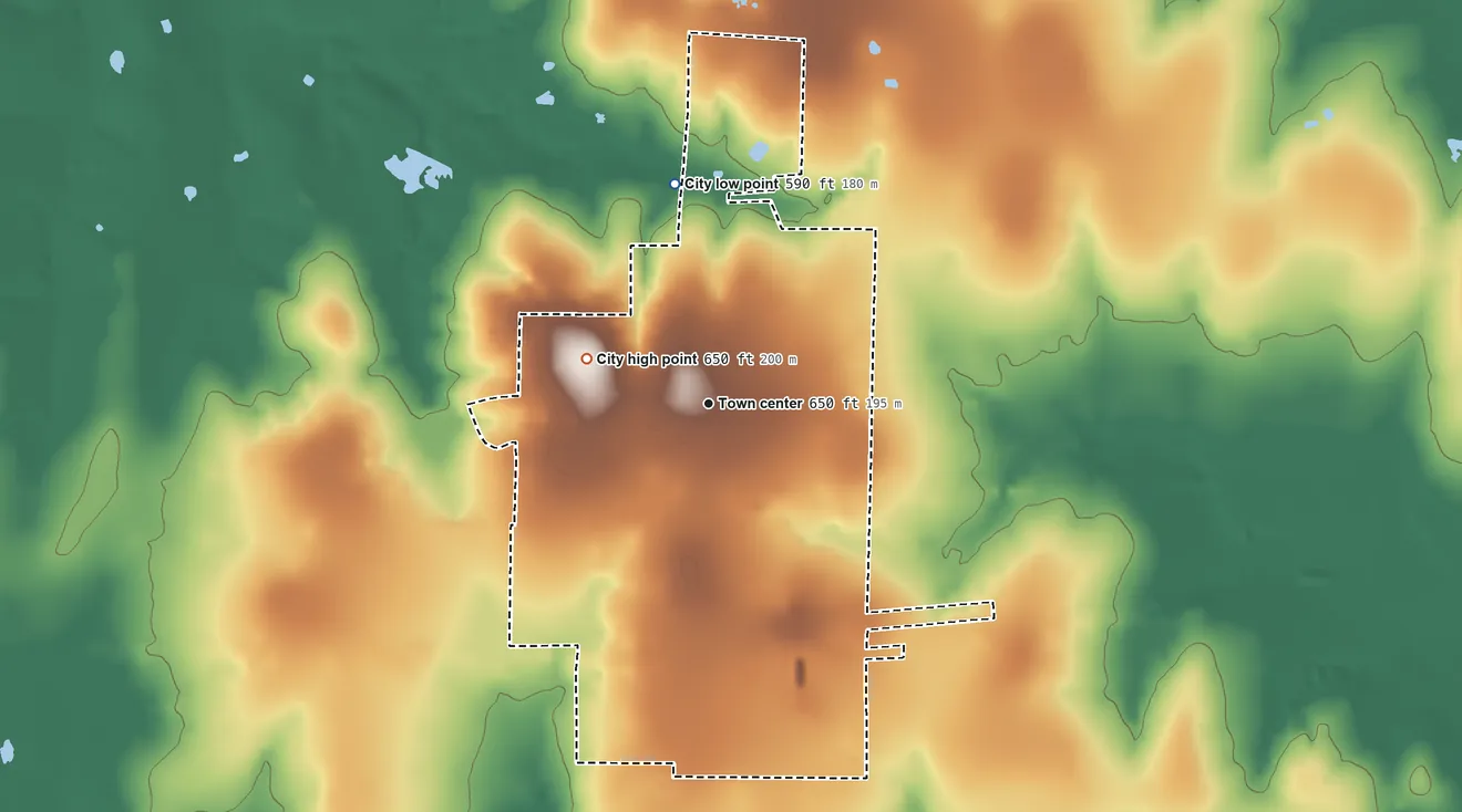 Topographic elevation map of Cumby, Texas, shaded from 590 ft on the north side to 650 ft on the west side