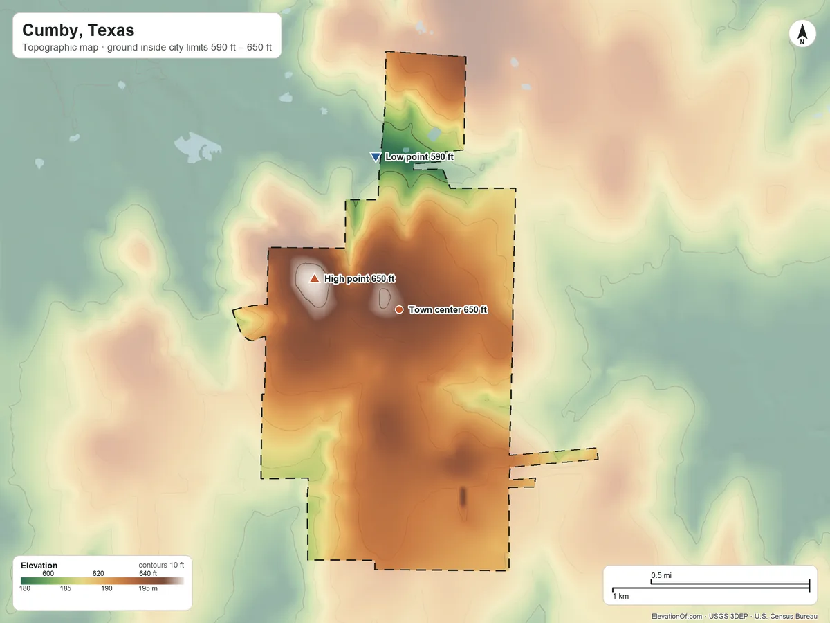Topographic elevation map of Cumby, Texas, shaded from 590 ft on the north side to 650 ft on the west side