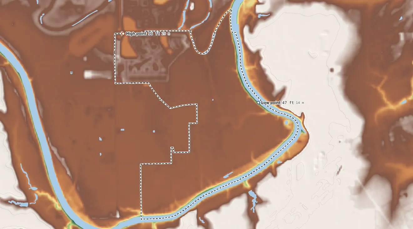 Topographic elevation map of Cumings, Texas, shaded from 47 ft on the east side to 96 ft on the northwest side