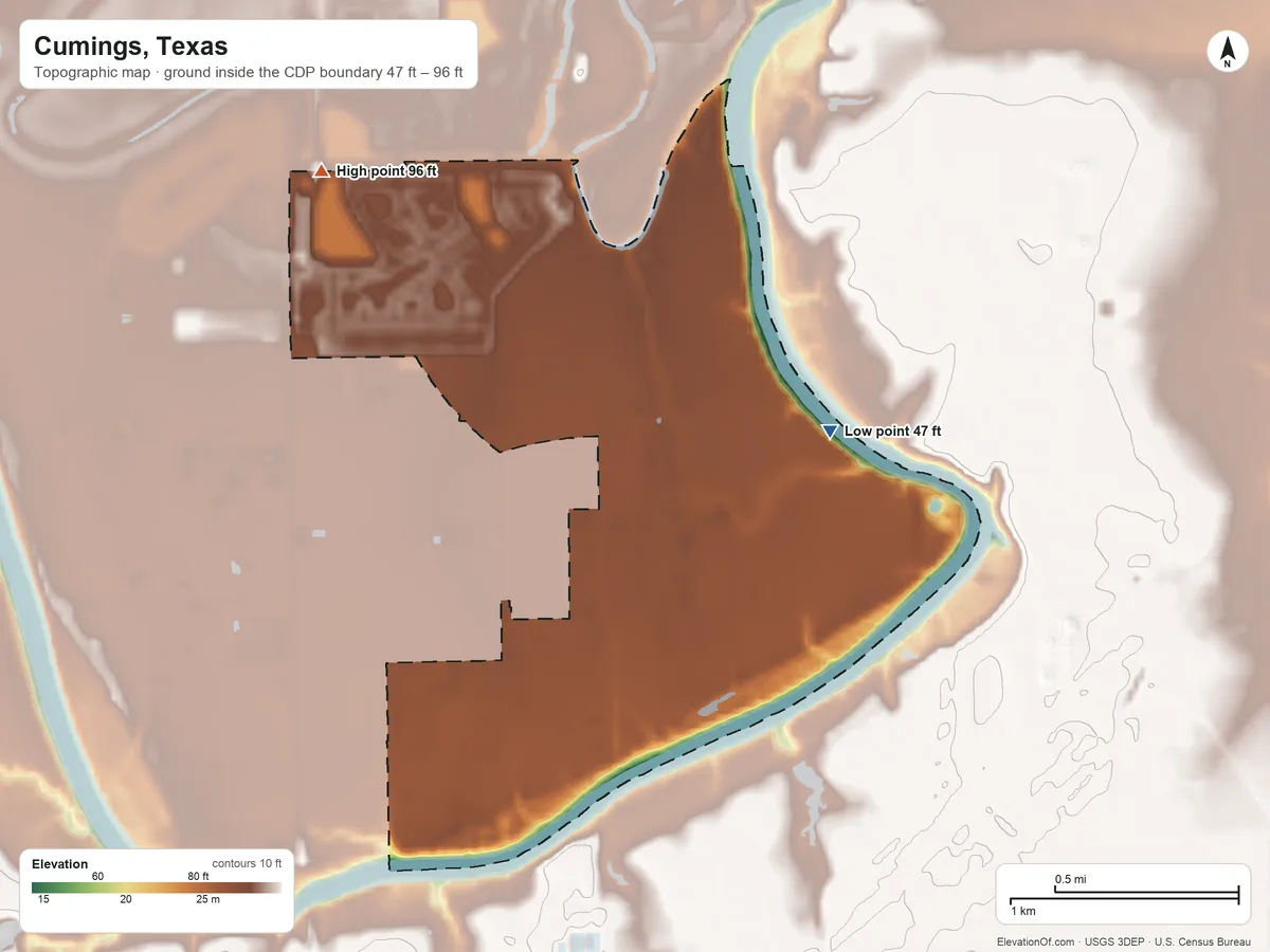 Topographic elevation map of Cumings, Texas, shaded from 47 ft on the east side to 96 ft on the northwest side