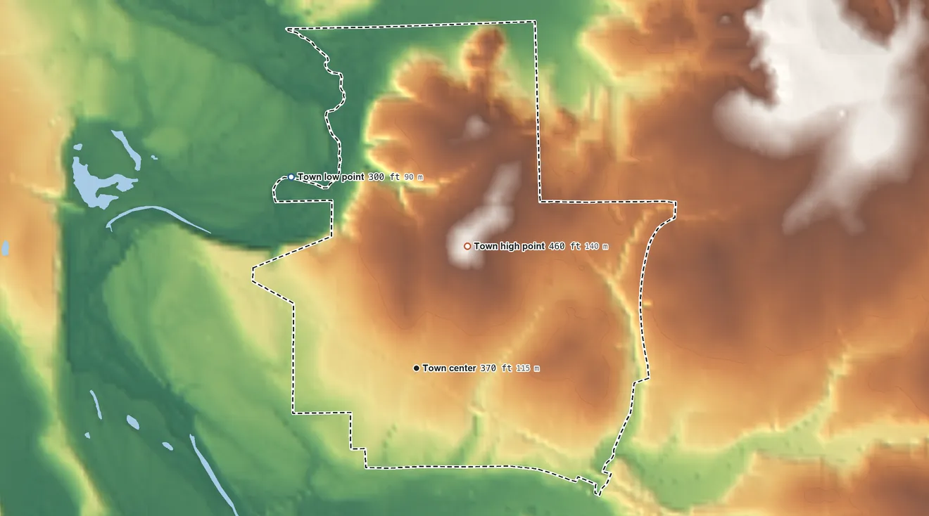 Topographic elevation map of Cuney, Texas, shaded from 300 ft on the northwest side to 460 ft on the northeast side