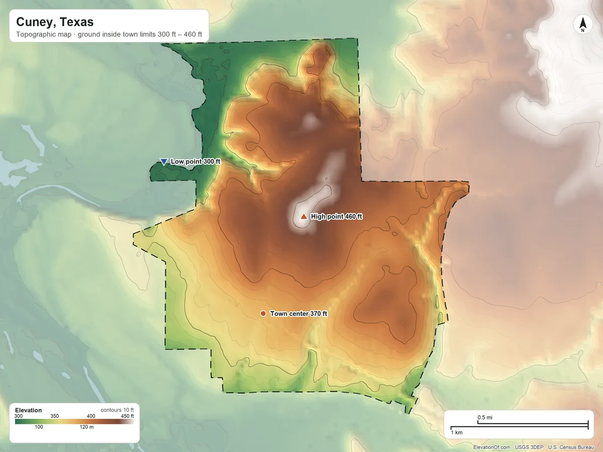 Topographic elevation map of Cuney, Texas, shaded from 300 ft on the northwest side to 460 ft on the northeast side