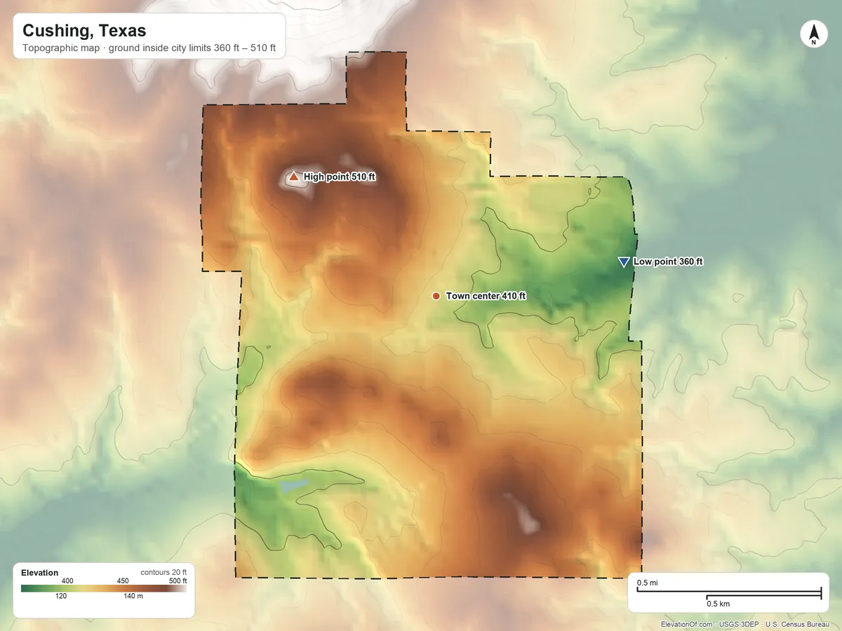 Topographic elevation map of Cushing, Texas, shaded from 360 ft on the east side to 510 ft on the northwest side