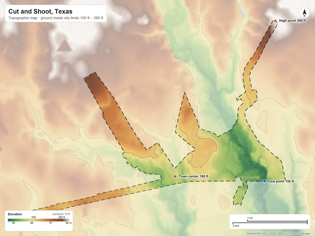 Topographic elevation map of Cut and Shoot, Texas, shaded from 150 ft on the east side to 260 ft on the northeast side