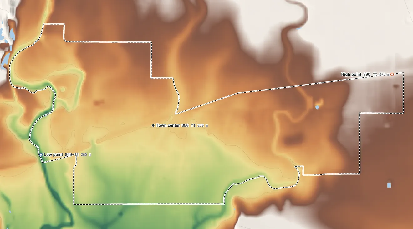 Topographic elevation map of D'Hanis, Texas, shaded from 860 ft on the west side to 900 ft on the east side