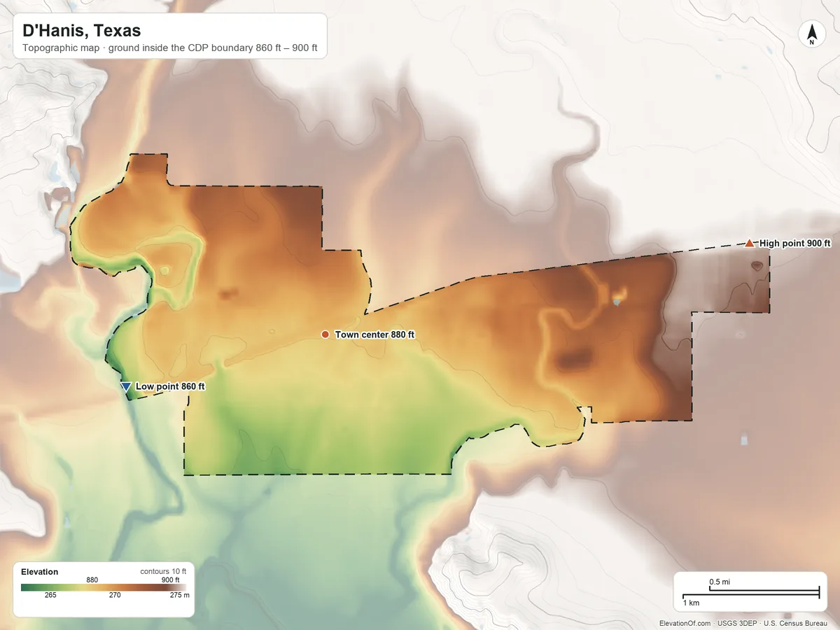 Topographic elevation map of D'Hanis, Texas, shaded from 860 ft on the west side to 900 ft on the east side