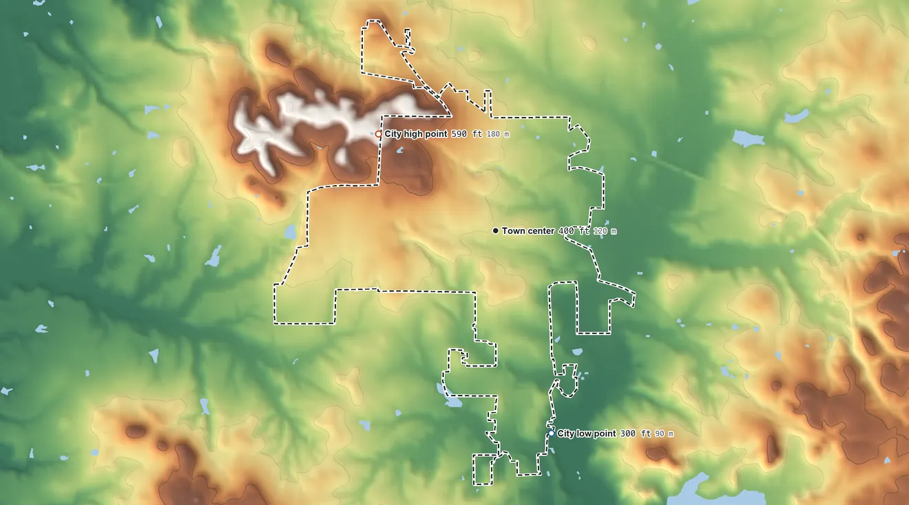 Topographic elevation map of Daingerfield, Texas, shaded from 300 ft on the south side to 590 ft on the northwest side