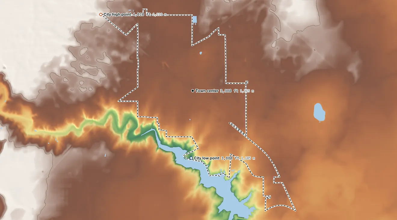 Topographic elevation map of Dalhart, Texas, shaded from 3,880 ft on the south side to 4,010 ft on the northwest side