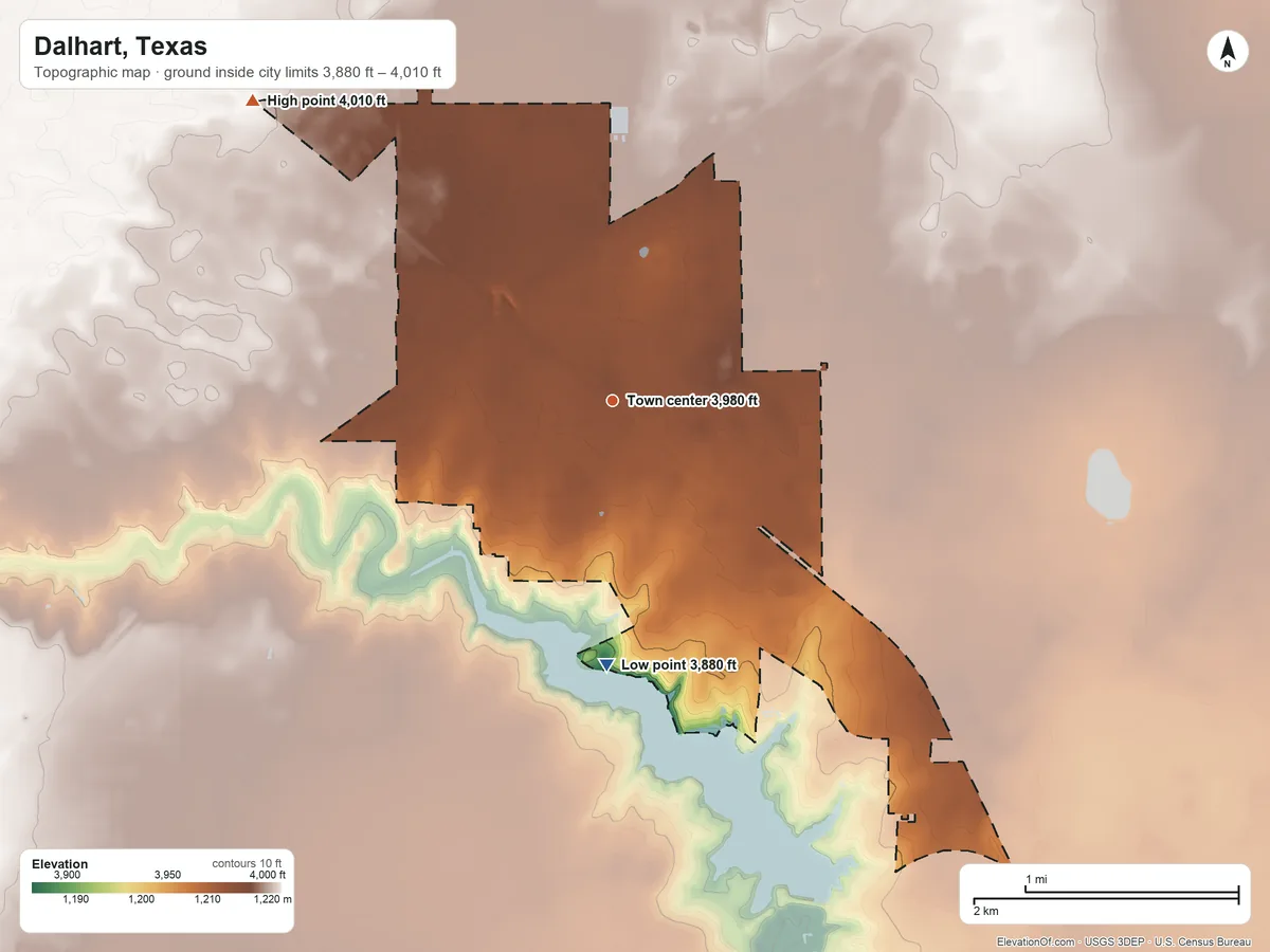 Topographic elevation map of Dalhart, Texas, shaded from 3,880 ft on the south side to 4,010 ft on the northwest side