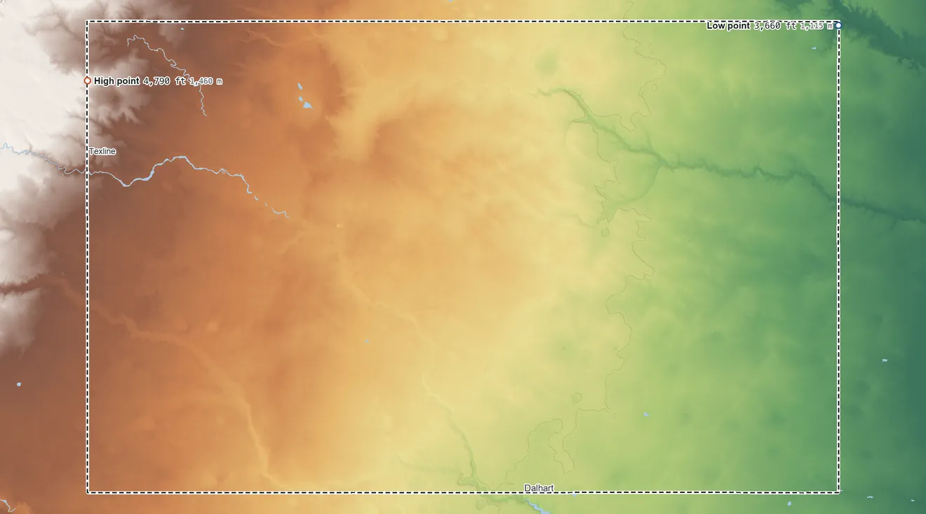 Topographic elevation map of Dallam County, Texas, shaded from 3,660 ft on the northeast side to 4,790 ft on the northwest side