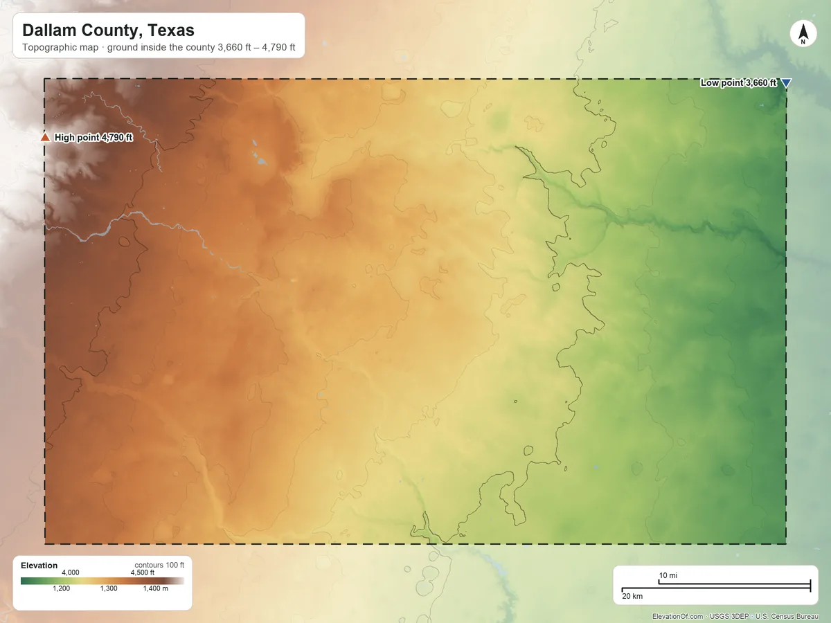 Topographic elevation map of Dallam County, Texas, shaded from 3,660 ft on the northeast side to 4,790 ft on the northwest side