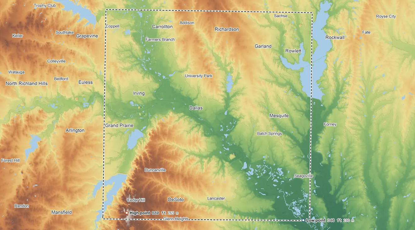 Topographic elevation map of Dallas County, Texas, shaded from 340 ft on the southeast side to 880 ft on the southwest side