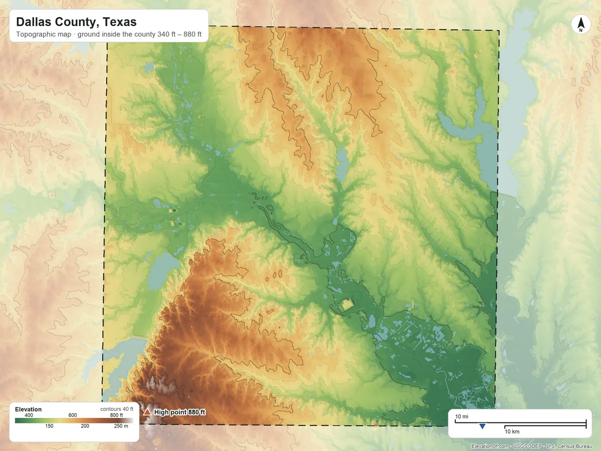 Topographic elevation map of Dallas County, Texas, shaded from 340 ft on the southeast side to 880 ft on the southwest side