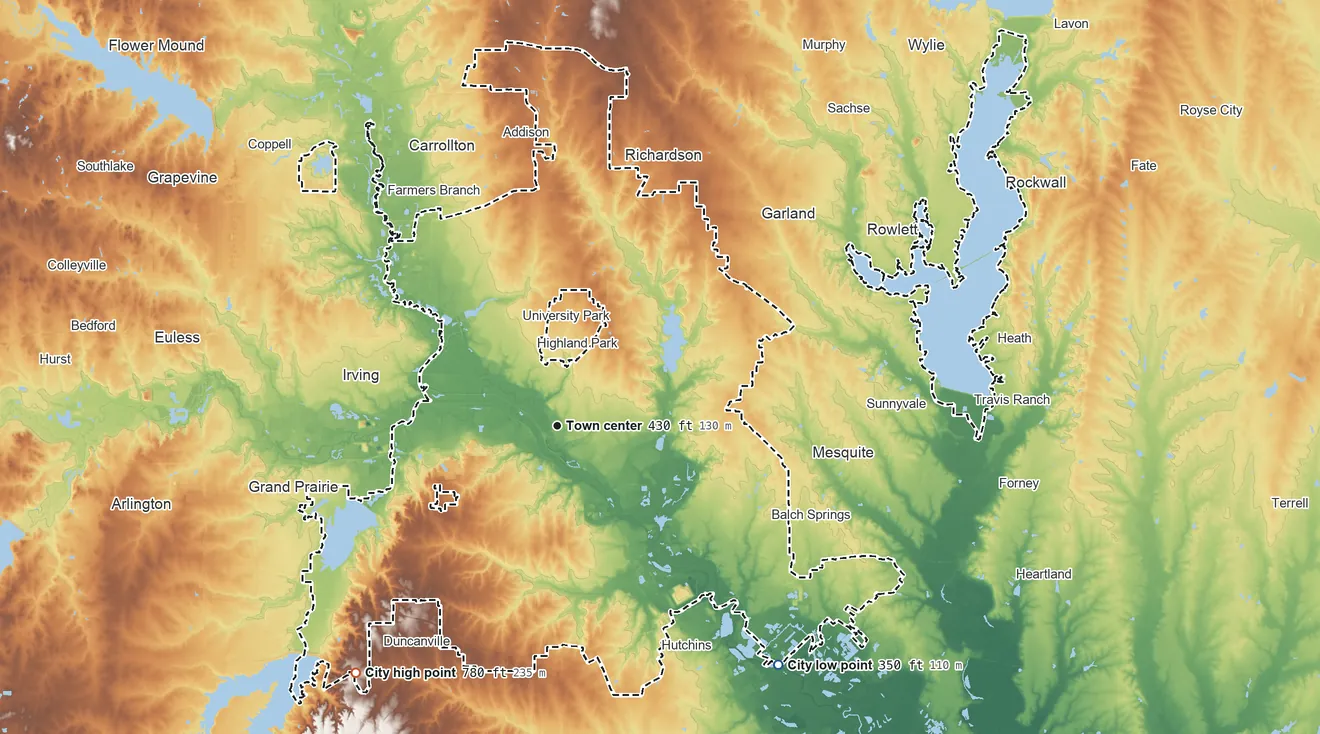 Topographic elevation map of Dallas, Texas, shaded from 350 ft on the southeast side to 780 ft on the southwest side