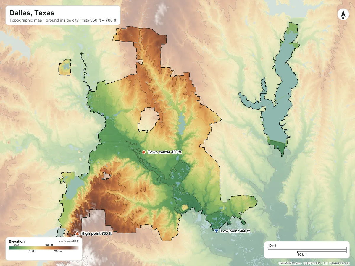 Topographic elevation map of Dallas, Texas, shaded from 350 ft on the southeast side to 780 ft on the southwest side