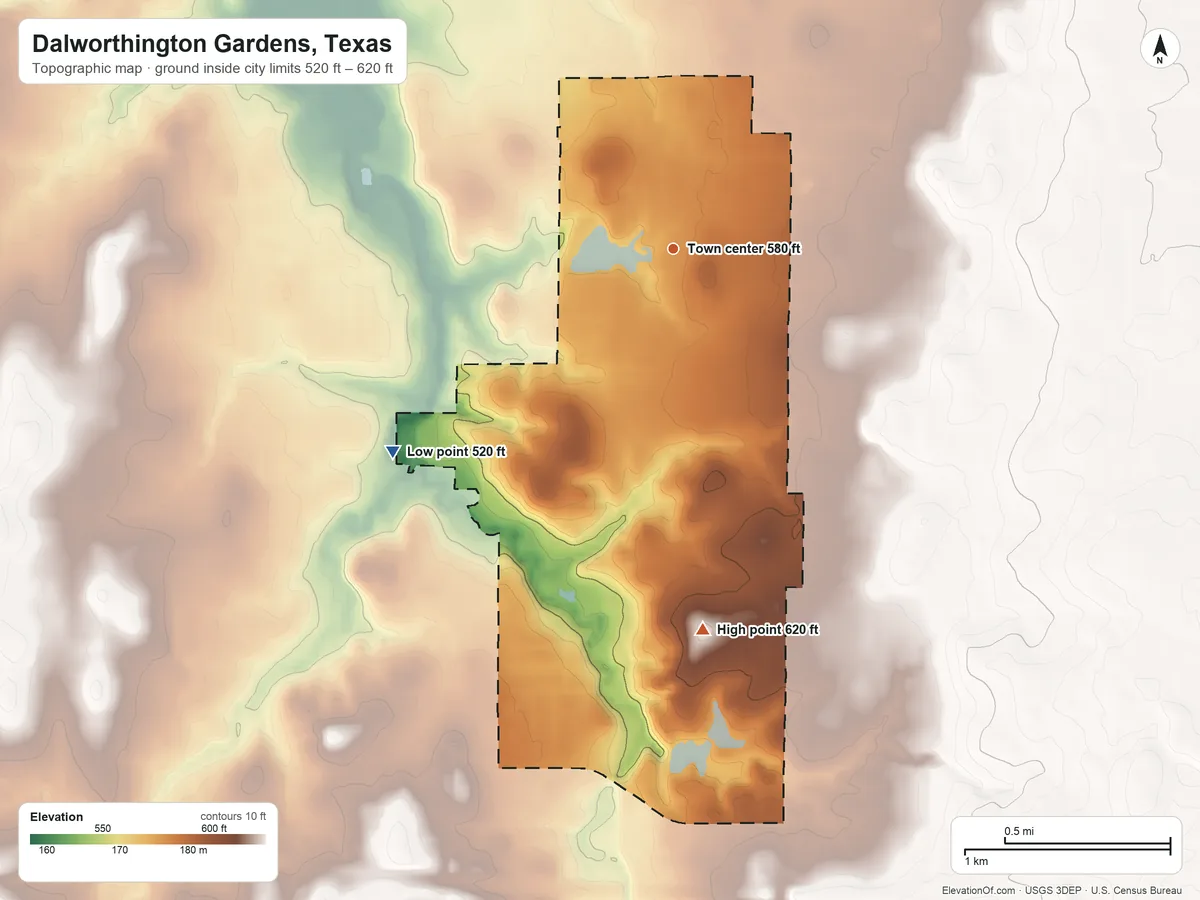 Topographic elevation map of Dalworthington Gardens, Texas, shaded from 520 ft on the southwest side to 620 ft on the south side