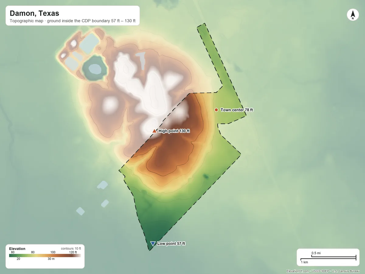 Topographic elevation map of Damon, Texas, shaded from 57 ft on the southwest side to 130 ft on the west side
