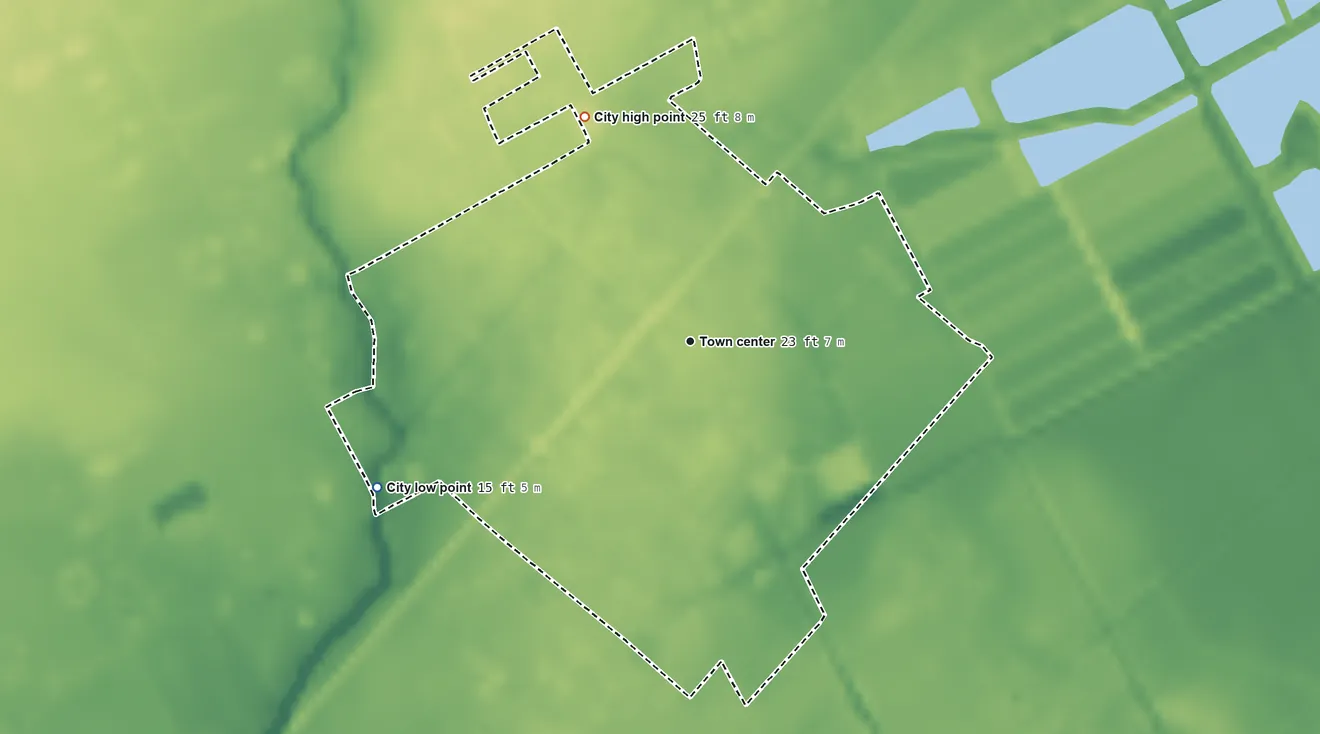 Topographic elevation map of Danbury, Texas, shaded from 15 ft on the southwest side to 25 ft on the northwest side