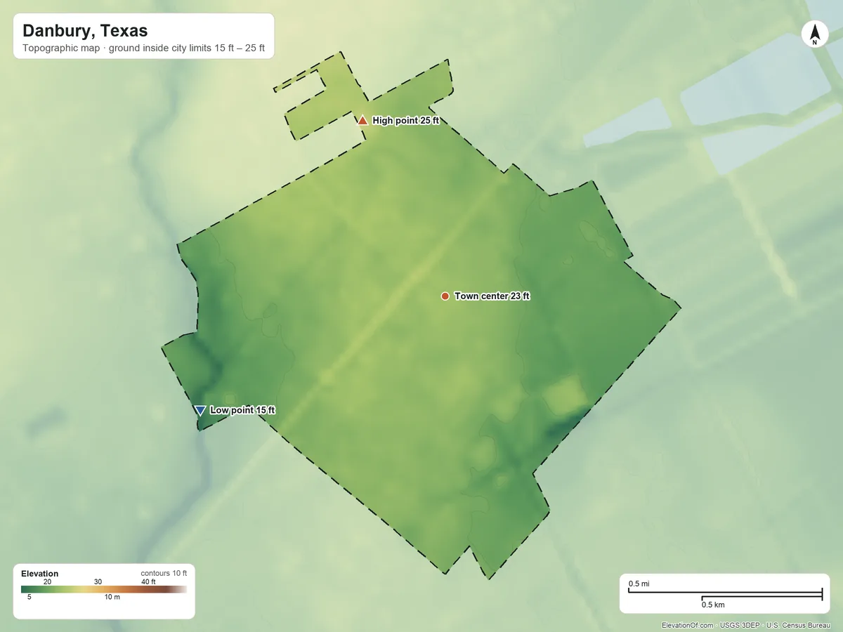 Topographic elevation map of Danbury, Texas, shaded from 15 ft on the southwest side to 25 ft on the northwest side